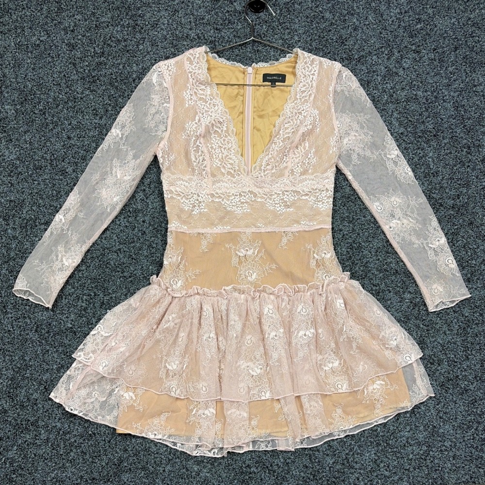 Majorelle Dress Women S Pink Lace Mini Tiered Ruffle Long Sleeve Coquette Party